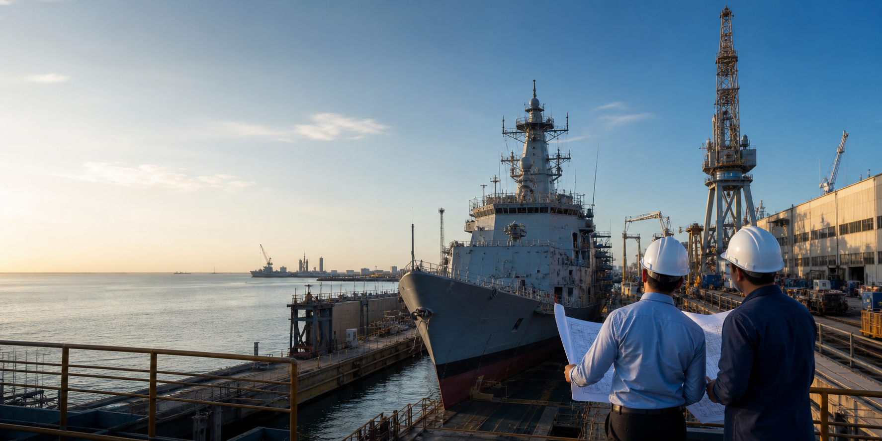 Shipyard drydock with vessel repair work underway